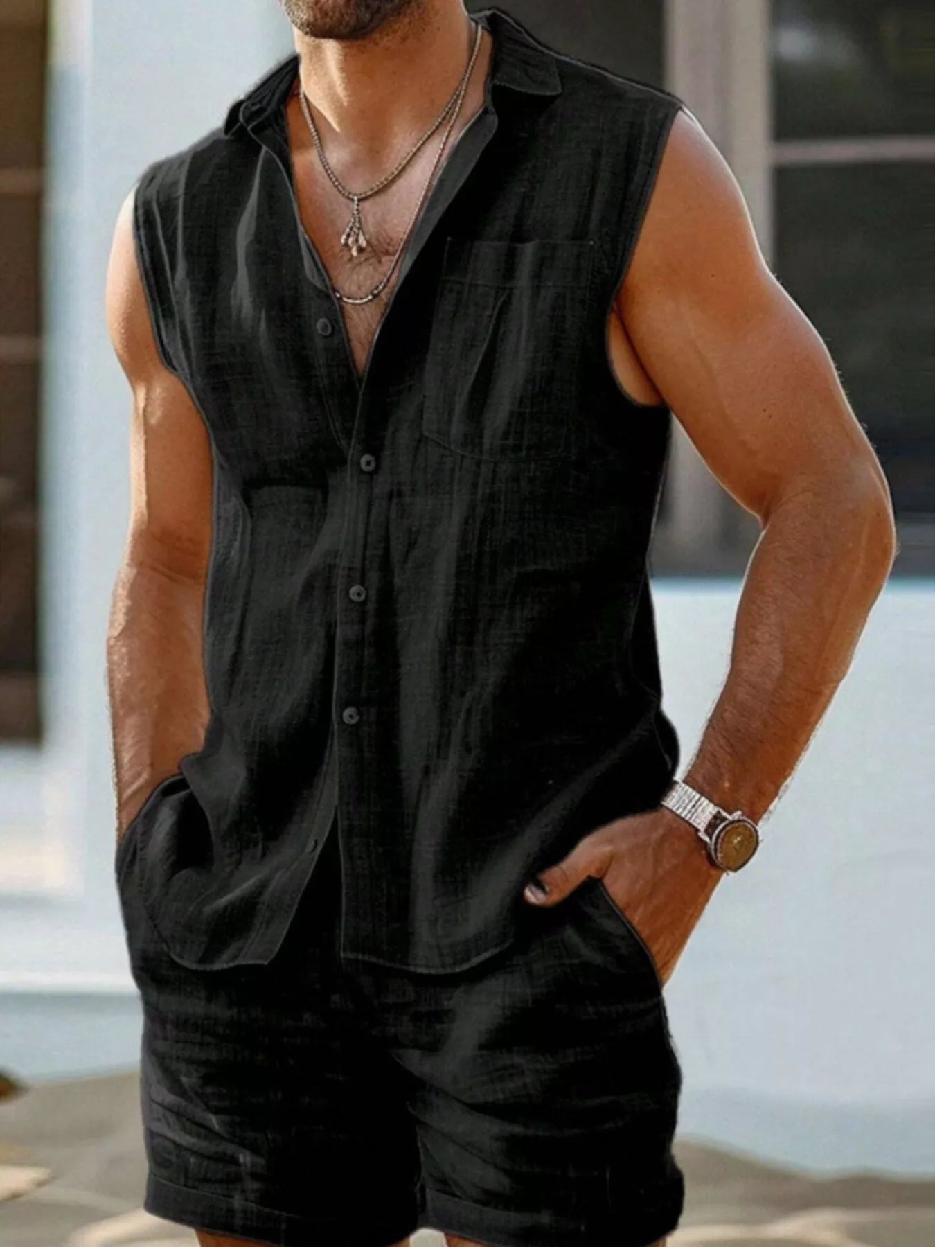 Men's Plus Size Casual Button Up Vest & Shorts Set - ShopNQlik