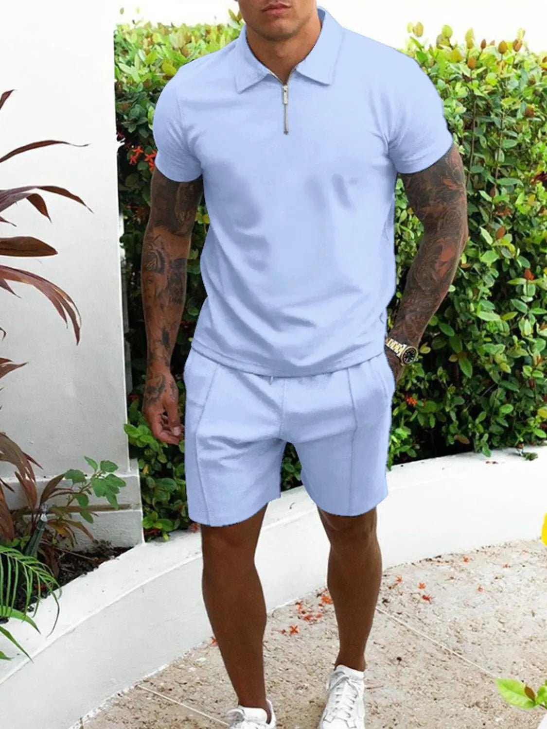 Men's Plus Size Collared Short Sleeve Top & Shorts Set – 7 Colours, S–3XL - ShopNQlik