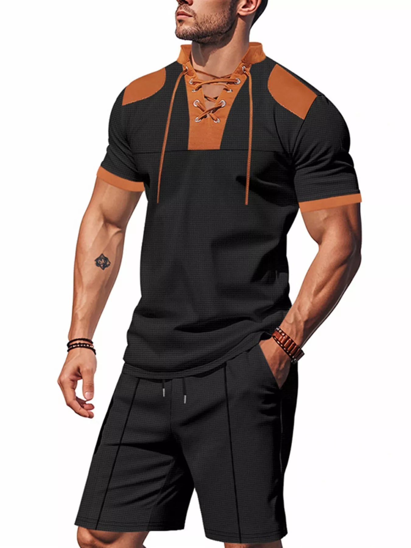 Men's Plus Size Lace-Up Collar Casual Top & Shorts Set – S–3XL - ShopNQlik