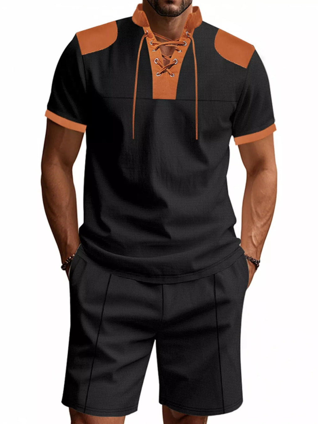 Men's Plus Size Lace-Up Collar Casual Top & Shorts Set – S–3XL - ShopNQlik