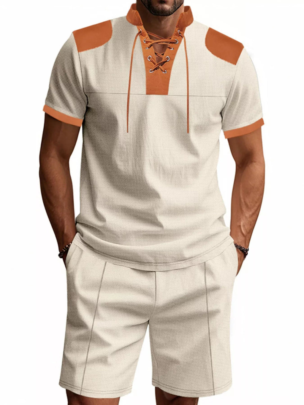 Men's Plus Size Lace-Up Collar Casual Top & Shorts Set – S–3XL - ShopNQlik