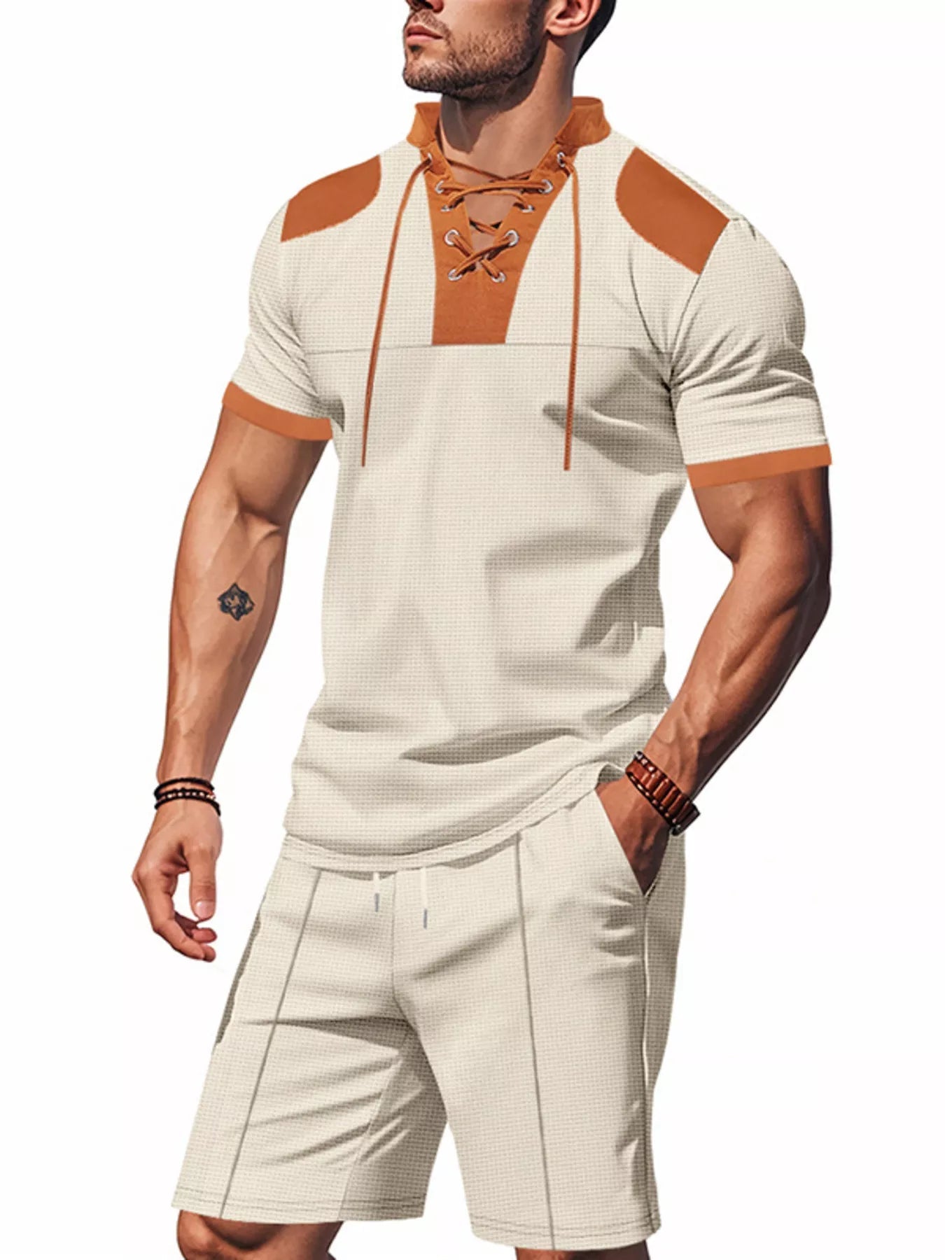 Men's Plus Size Lace-Up Collar Casual Top & Shorts Set – S–3XL - ShopNQlik