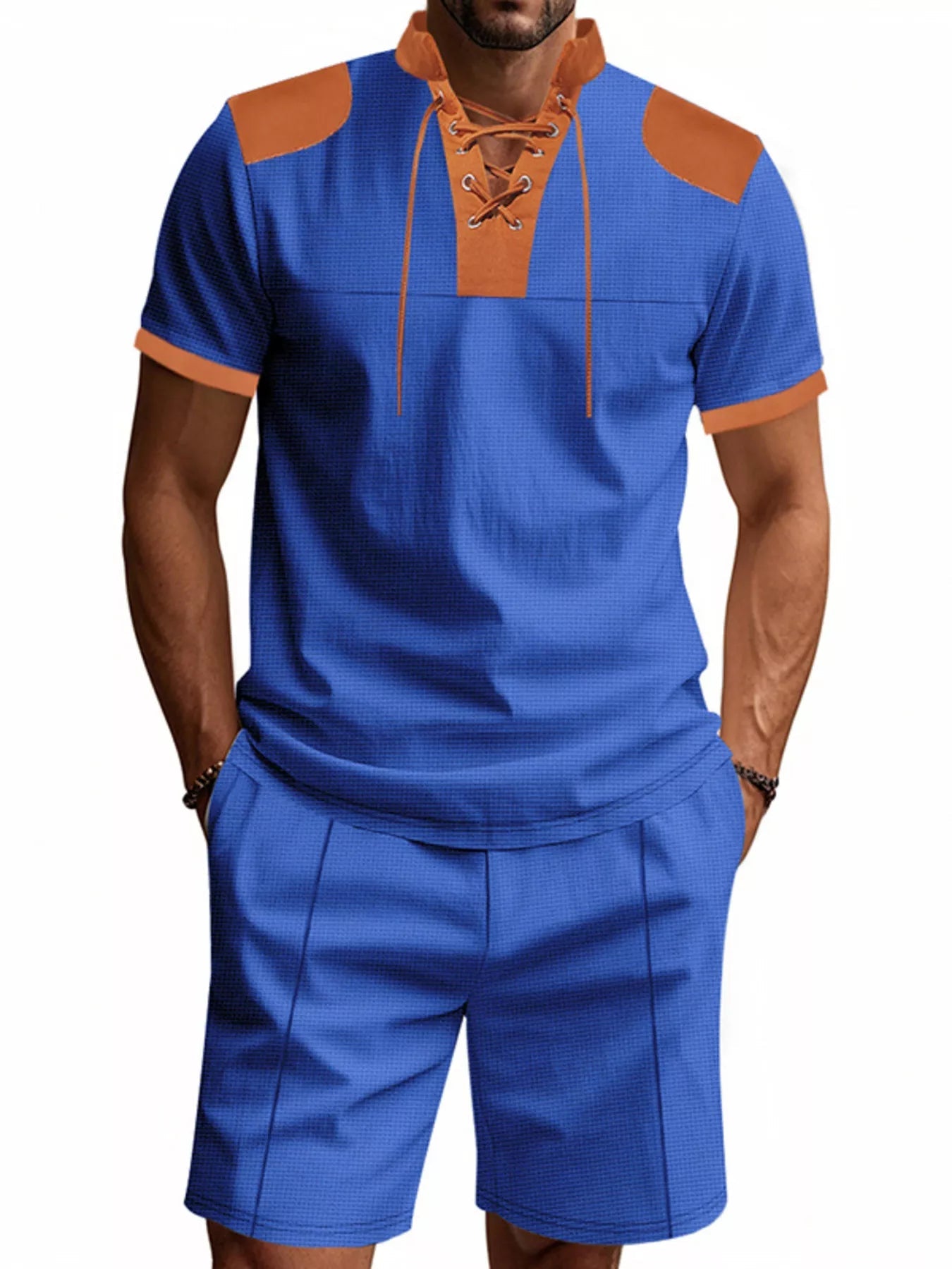 Men's Plus Size Lace-Up Collar Casual Top & Shorts Set – S–3XL - ShopNQlik
