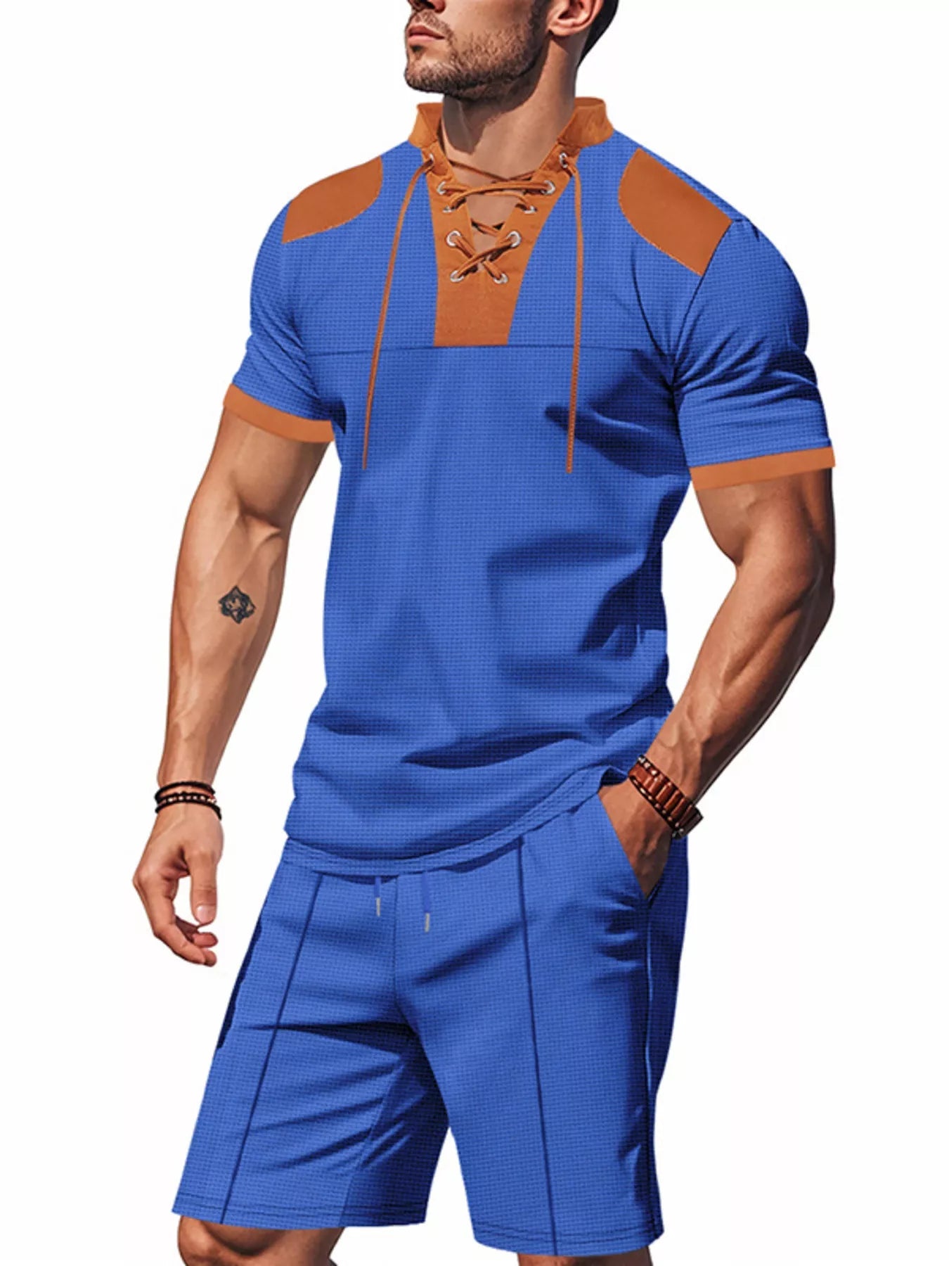 Men's Plus Size Lace-Up Collar Casual Top & Shorts Set – S–3XL - ShopNQlik