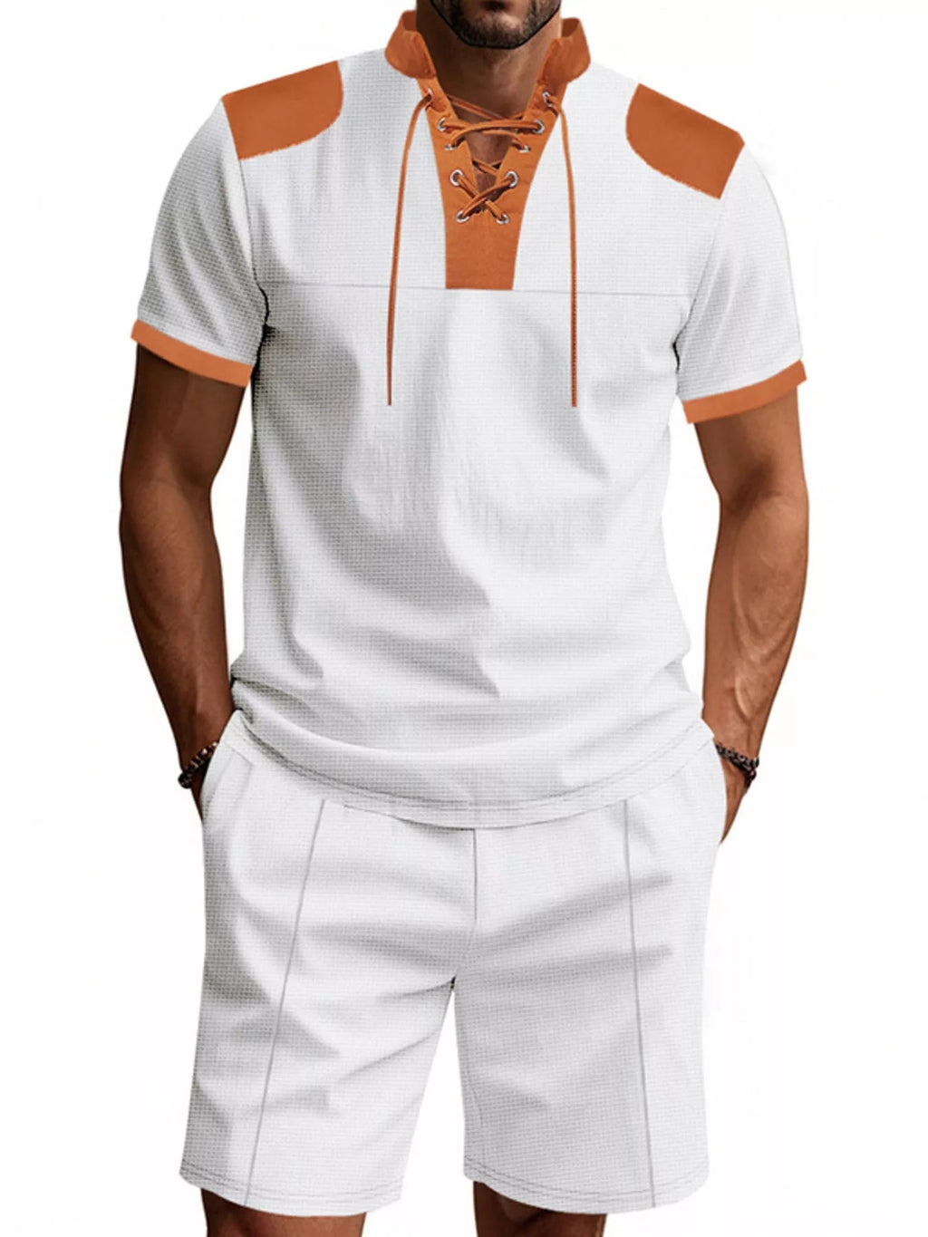 Men's Plus Size Lace-Up Collar Casual Top & Shorts Set – S–3XL - ShopNQlik