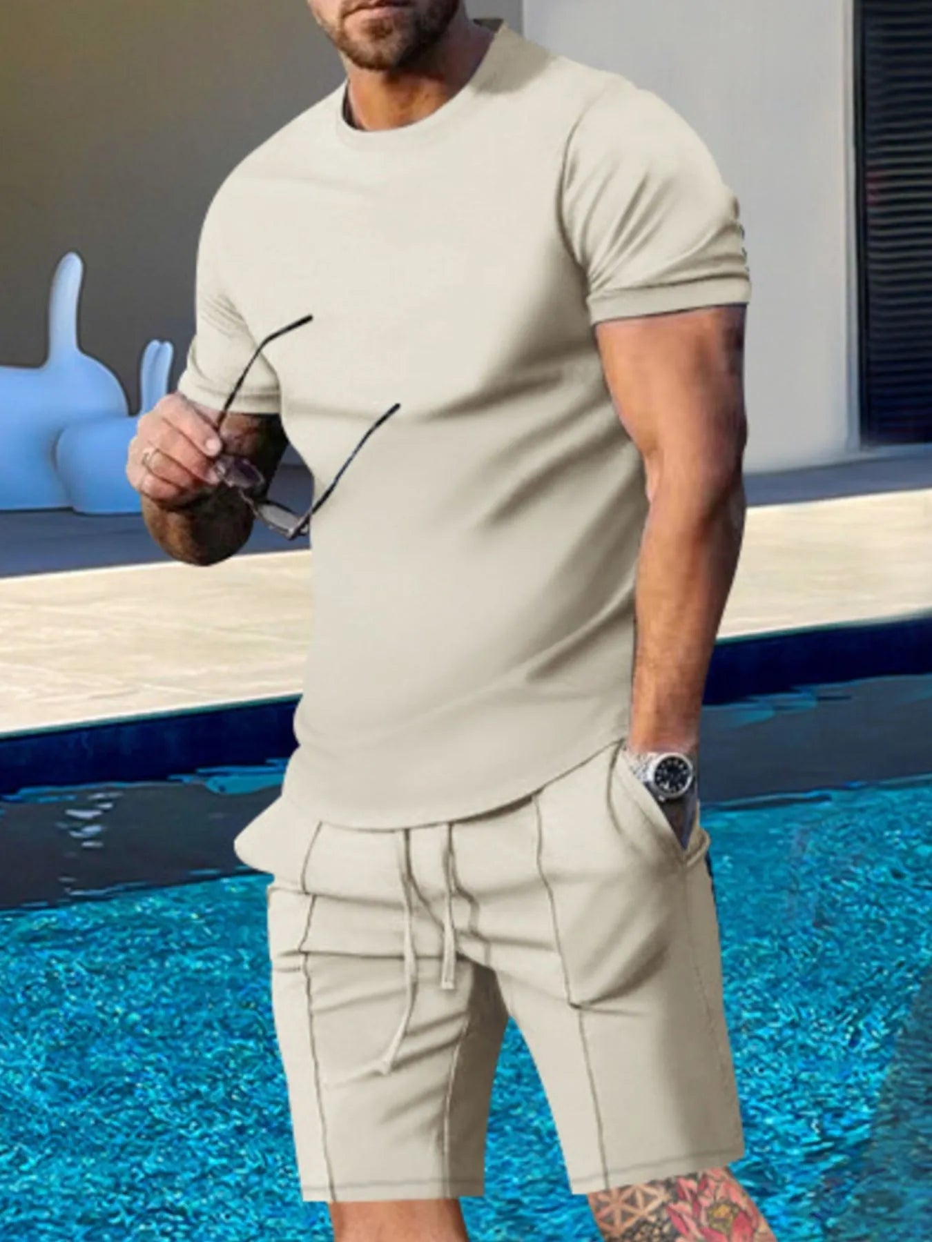 Men's Plus Size Round Neck Short Sleeve Top and Shorts Set - ShopNQlik