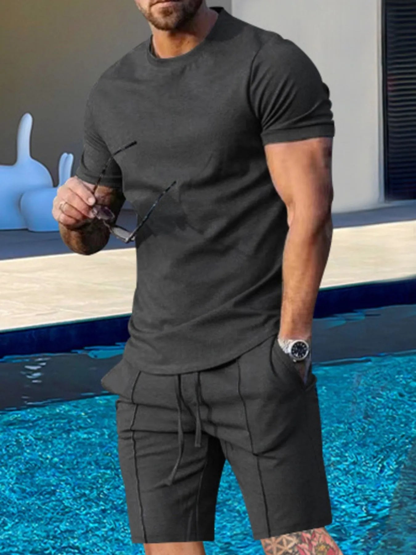 Men's Plus Size Round Neck Short Sleeve Top and Shorts Set - ShopNQlik