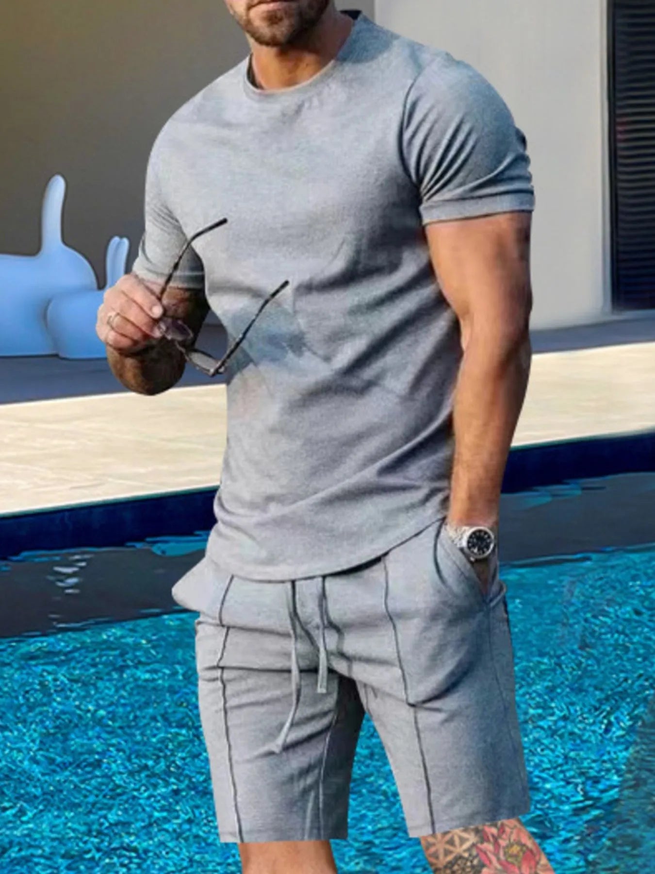 Men's Plus Size Round Neck Short Sleeve Top and Shorts Set - ShopNQlik
