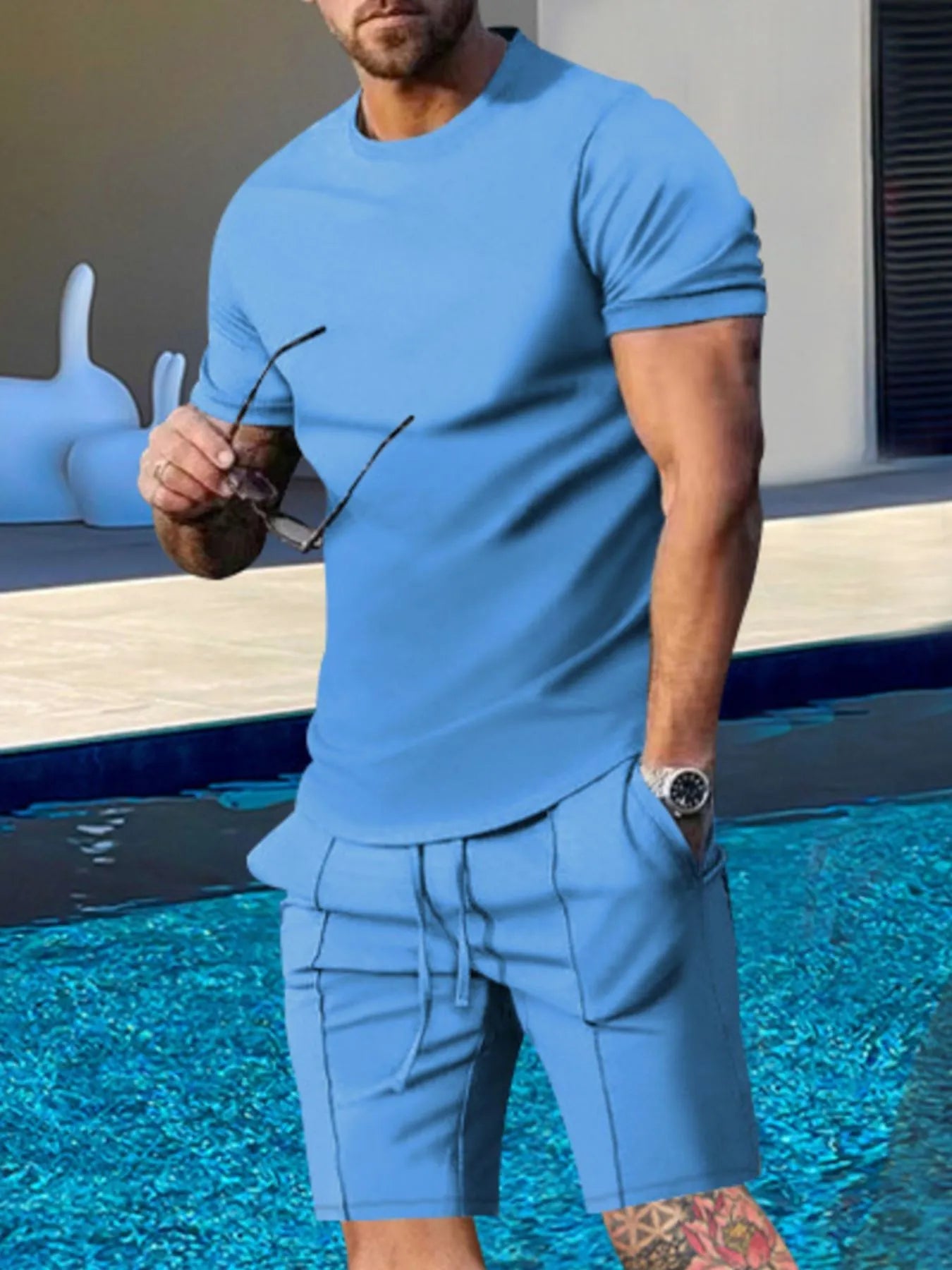 Men's Plus Size Round Neck Short Sleeve Top and Shorts Set - ShopNQlik