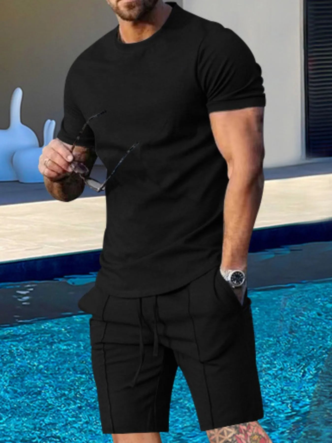 Men's Plus Size Round Neck Short Sleeve Top and Shorts Set - ShopNQlik