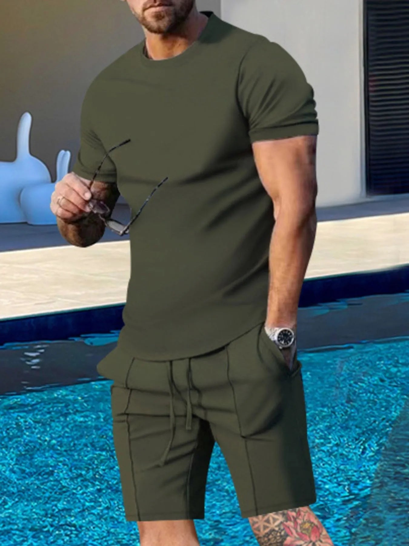 Men's Plus Size Round Neck Short Sleeve Top and Shorts Set - ShopNQlik