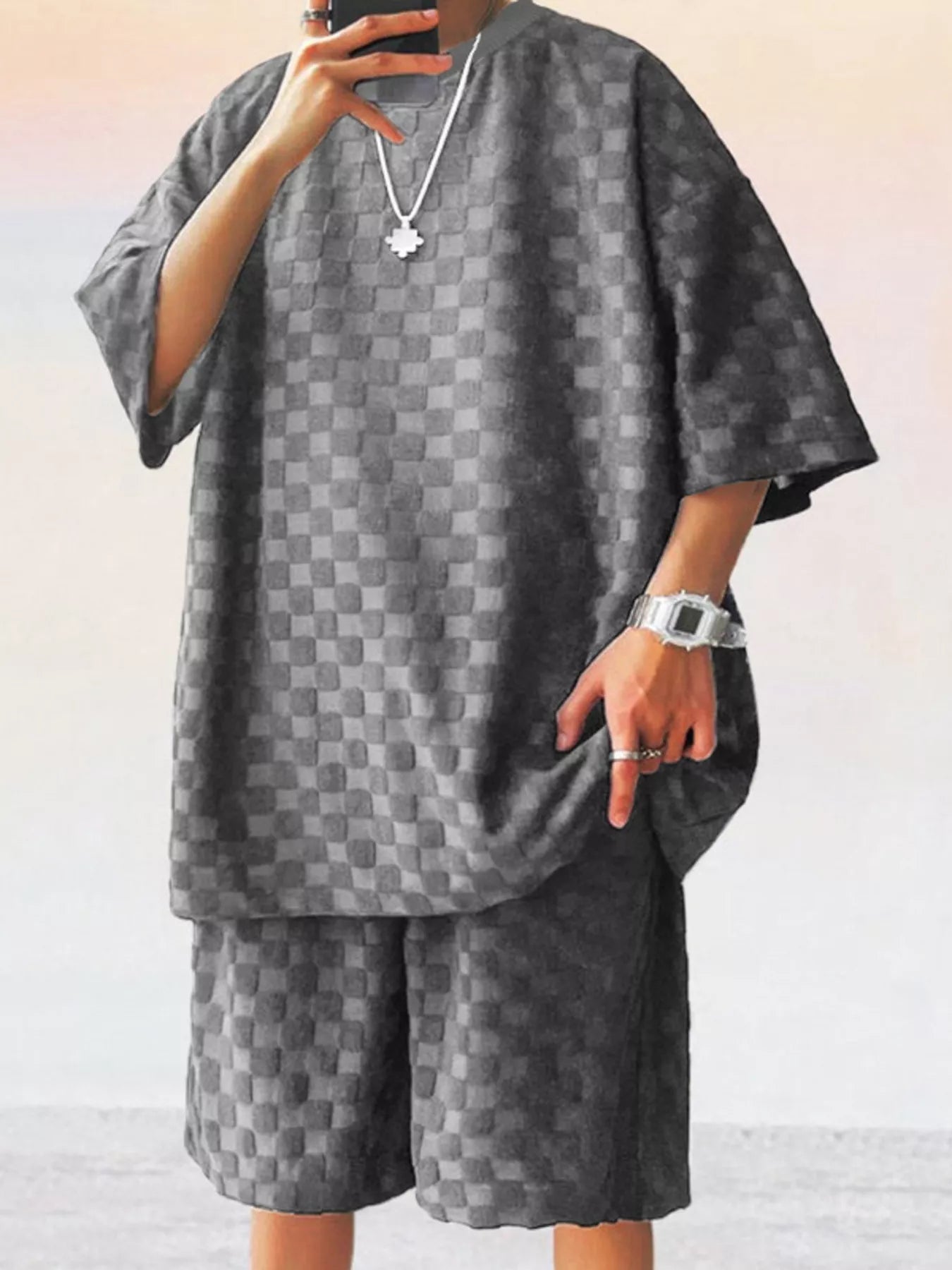 Men's Plus Size Textured Short Sleeve Tee & Shorts Matching Set – S–3XL - ShopNQlik