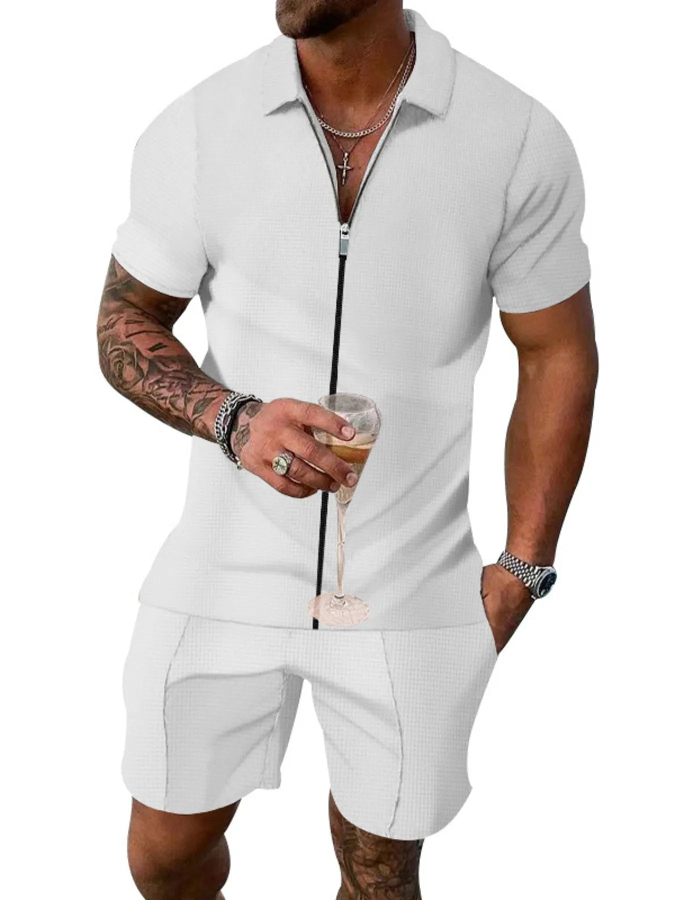 Men's Plus Size Zip Up Short Sleeve Top and Shorts Set - ShopNQlik