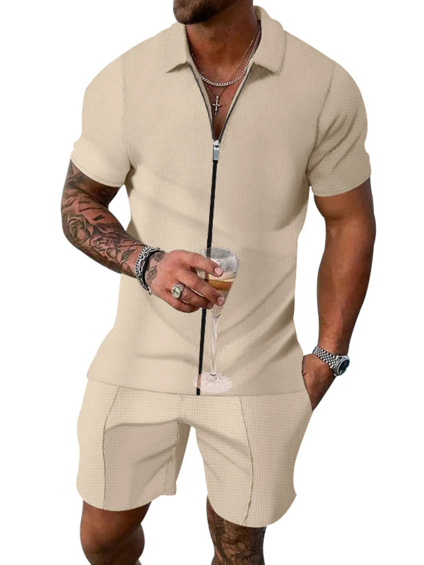 Men's Plus Size Zip Up Short Sleeve Top and Shorts Set - ShopNQlik