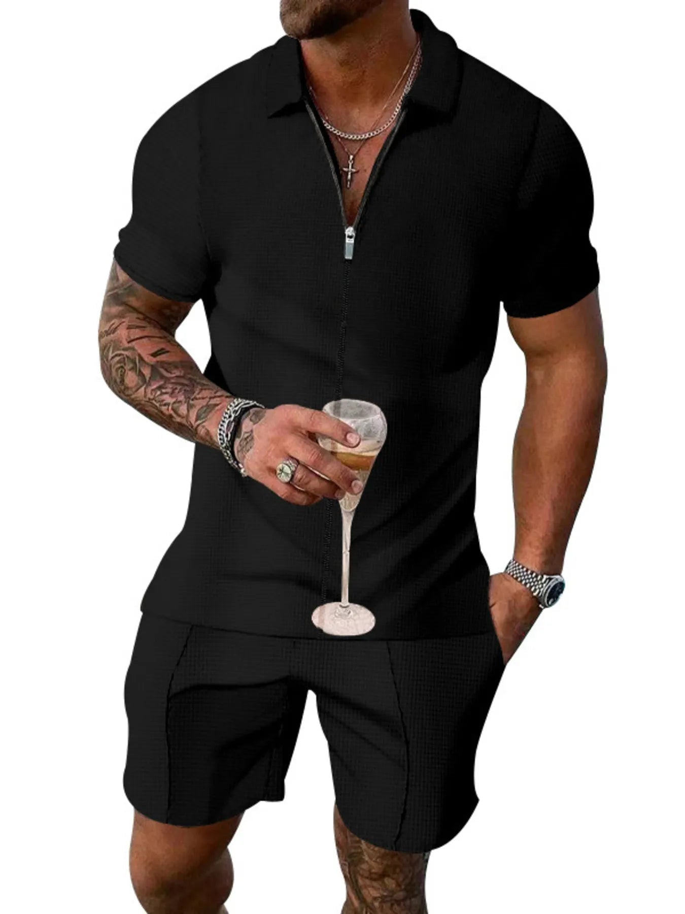 Men's Plus Size Zip Up Short Sleeve Top and Shorts Set - ShopNQlik