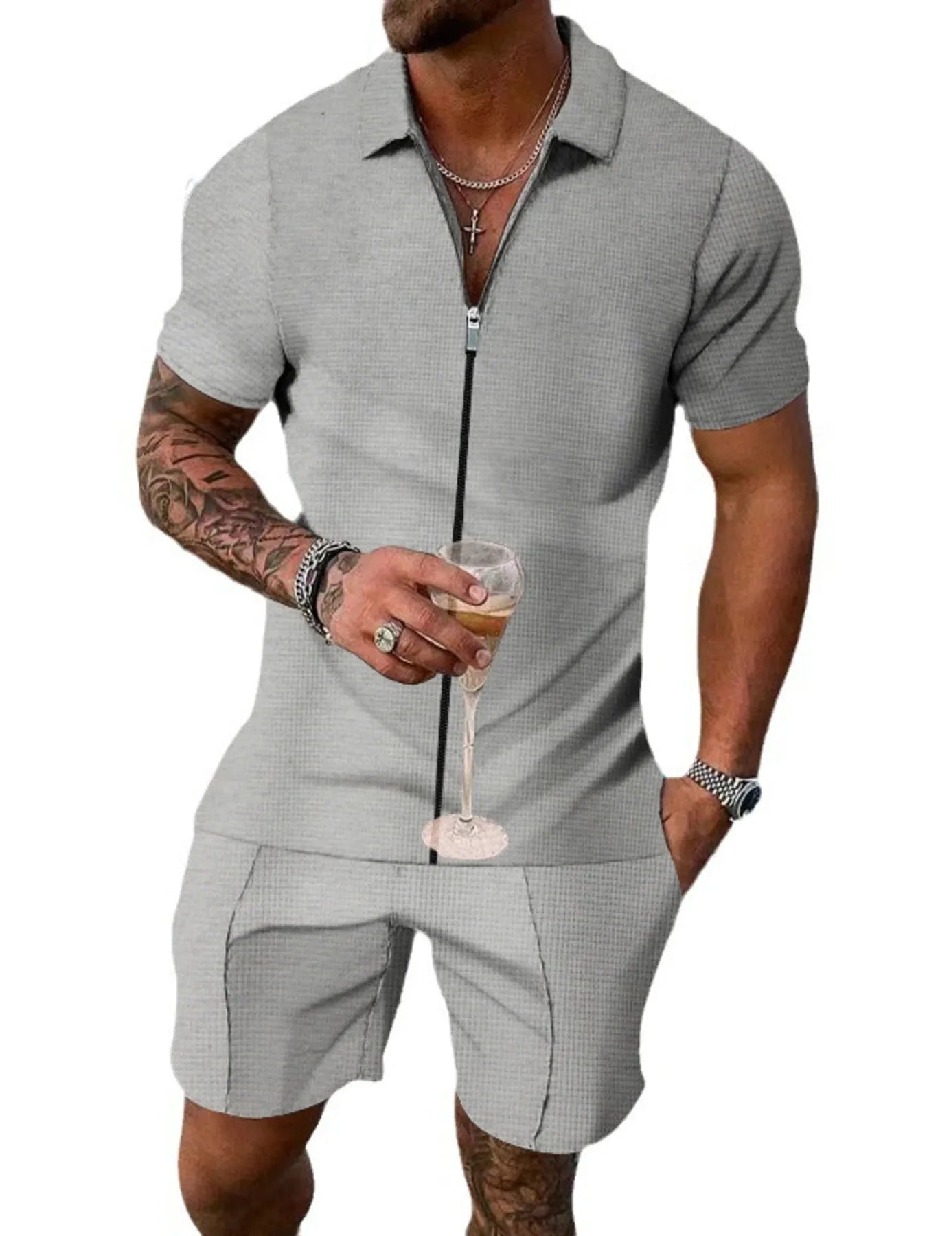 Men's Plus Size Zip Up Short Sleeve Top and Shorts Set - ShopNQlik