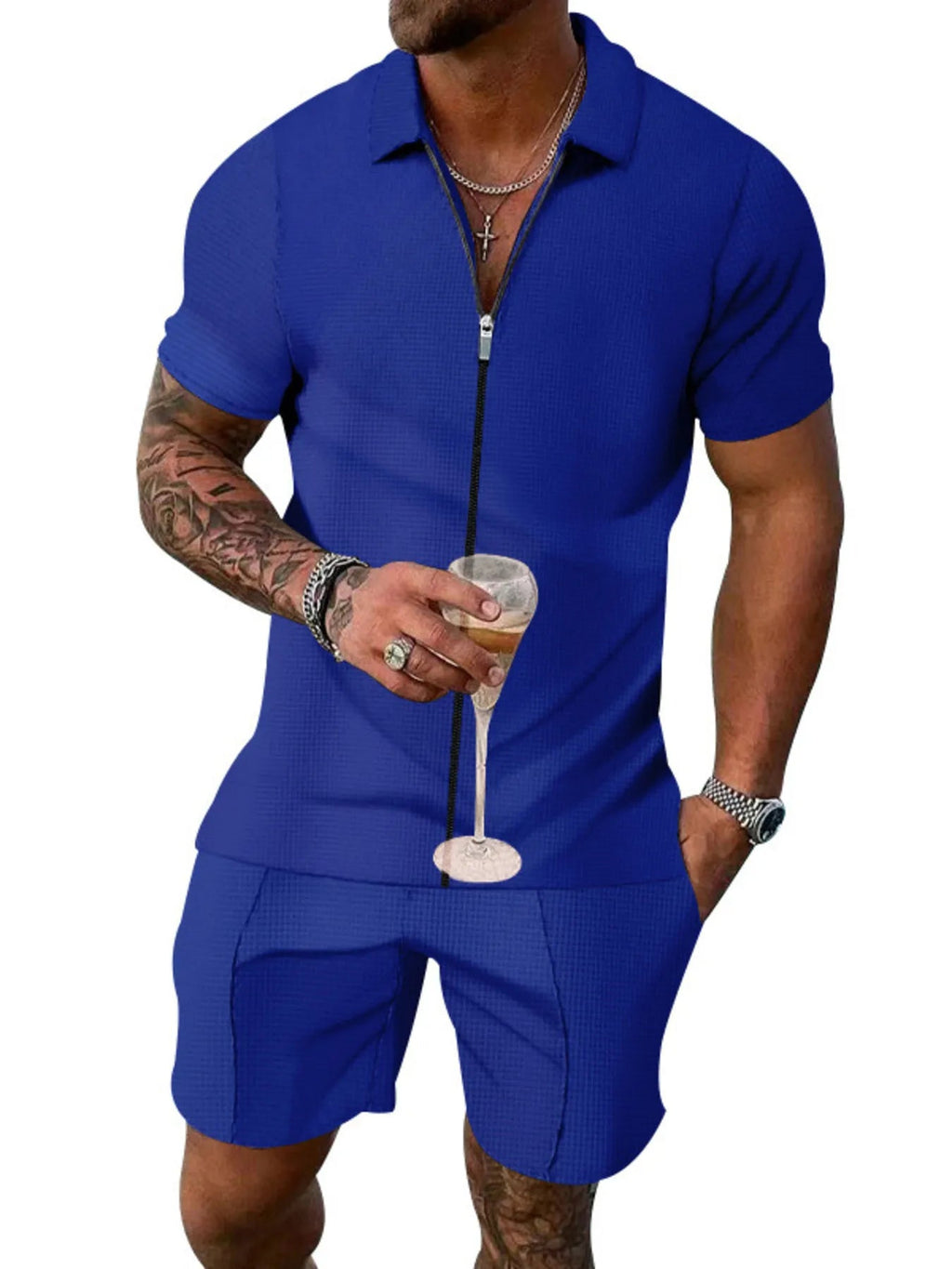 Men's Plus Size Zip Up Short Sleeve Top and Shorts Set - ShopNQlik