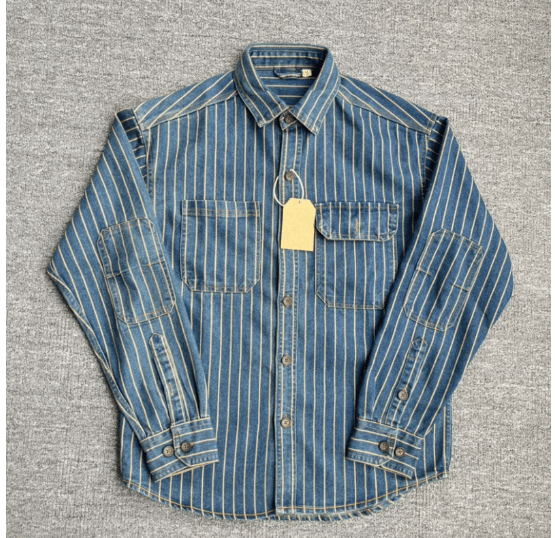 Men's Retro Denim Striped Cargo Shirt - 100% Cotton - ShopNQlik
