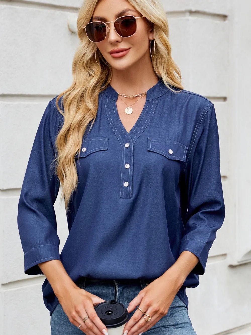 Notched Three-Quarter Sleeve Denim Top - ShopNQlik
