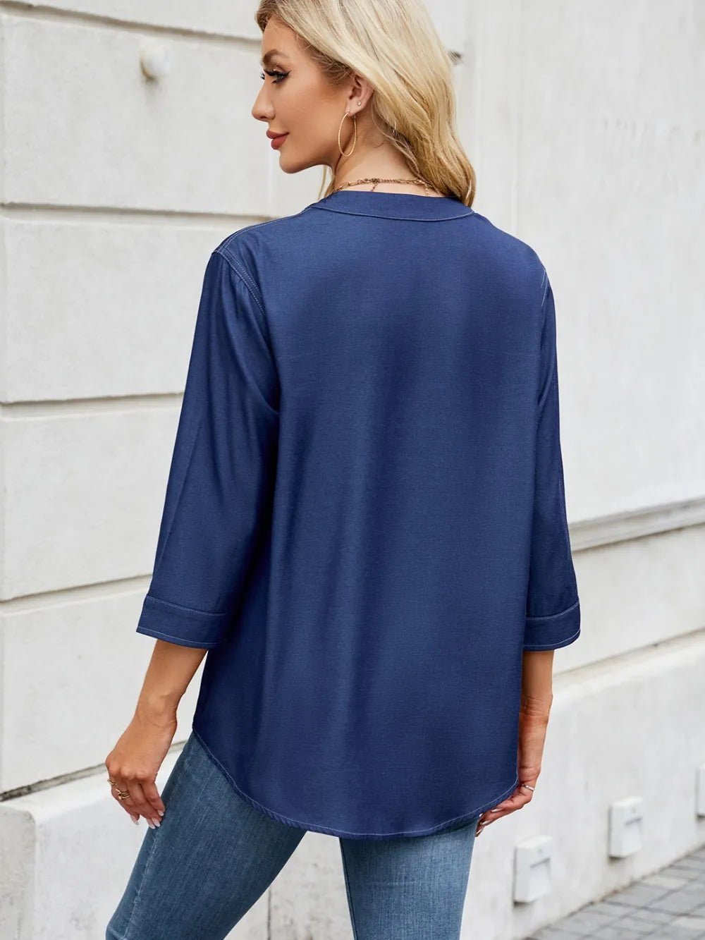 Notched Three-Quarter Sleeve Denim Top - ShopNQlik