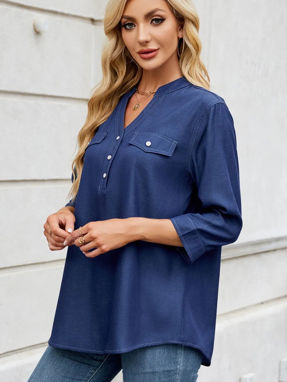 Notched Three-Quarter Sleeve Denim Top - ShopNQlik