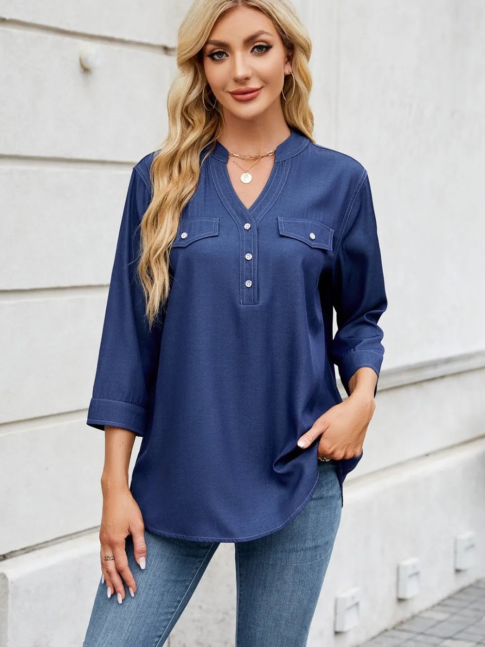 Notched Three-Quarter Sleeve Denim Top - ShopNQlik