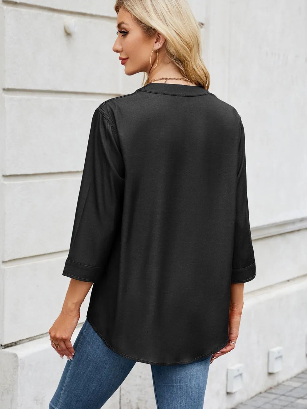 Notched Three-Quarter Sleeve Denim Top - ShopNQlik
