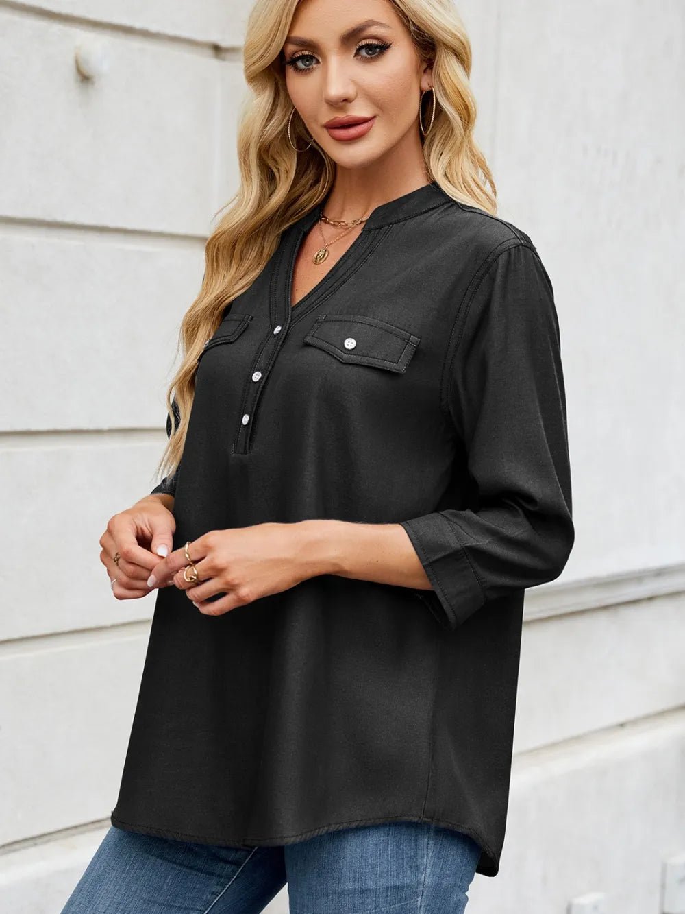 Notched Three-Quarter Sleeve Denim Top - ShopNQlik