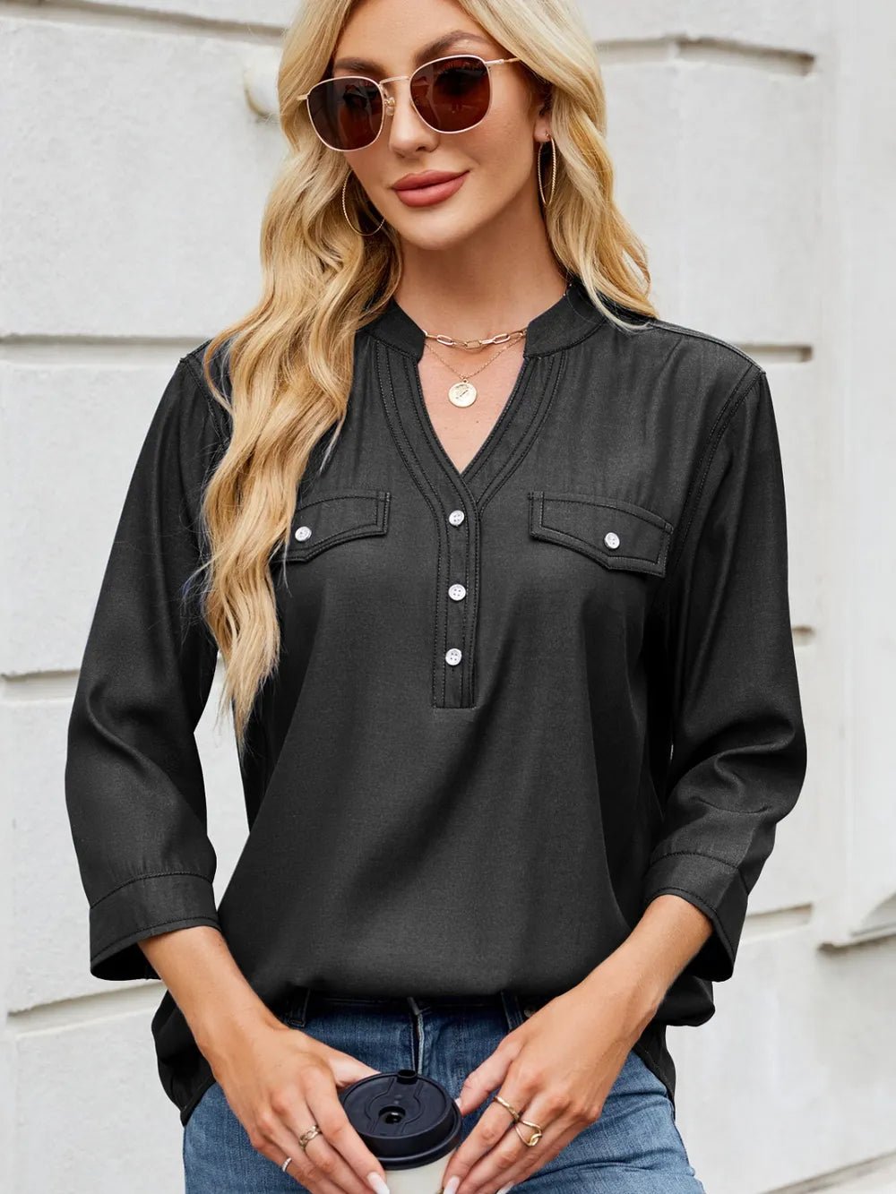 Notched Three-Quarter Sleeve Denim Top - ShopNQlik