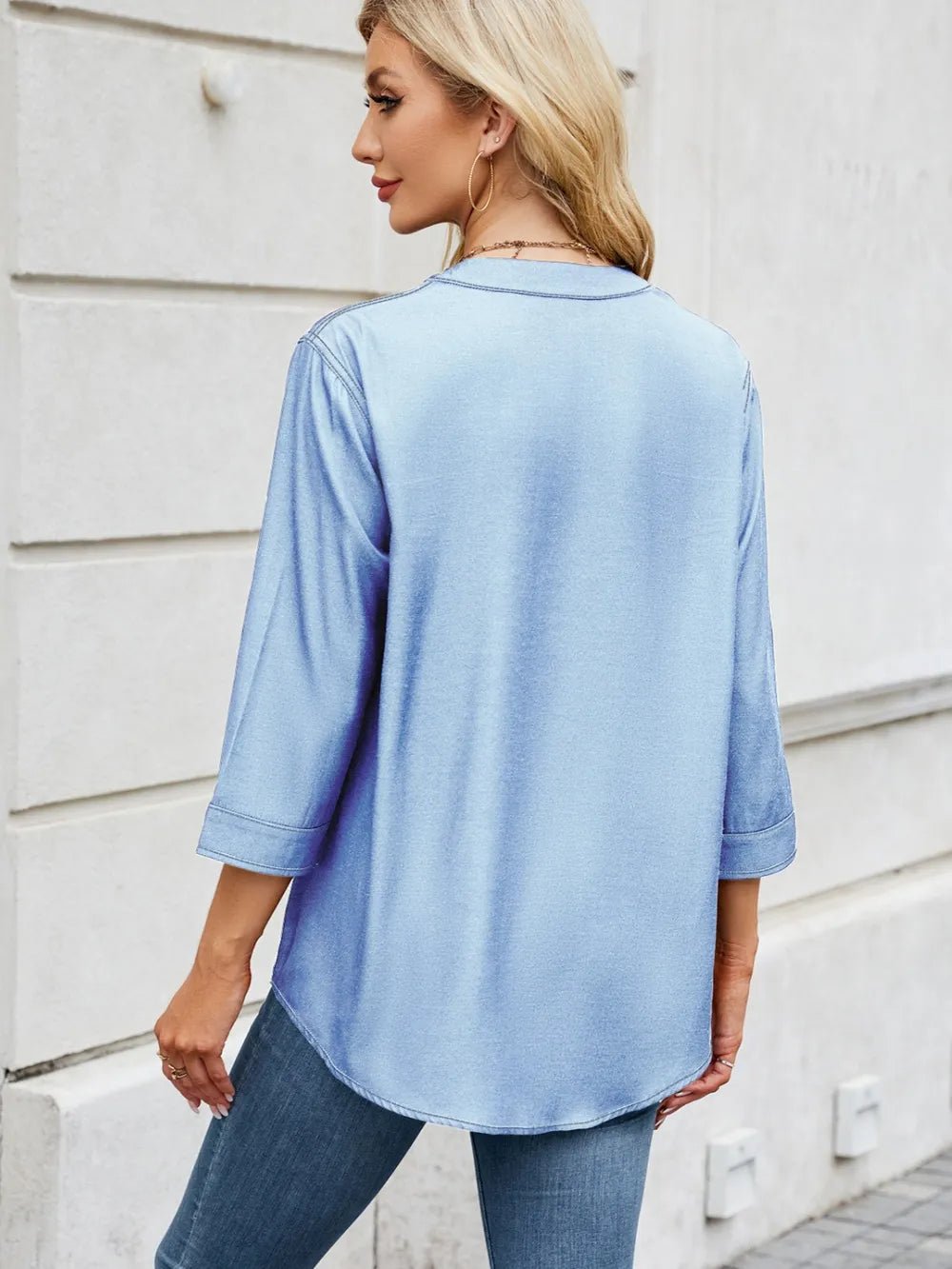 Notched Three-Quarter Sleeve Denim Top - ShopNQlik