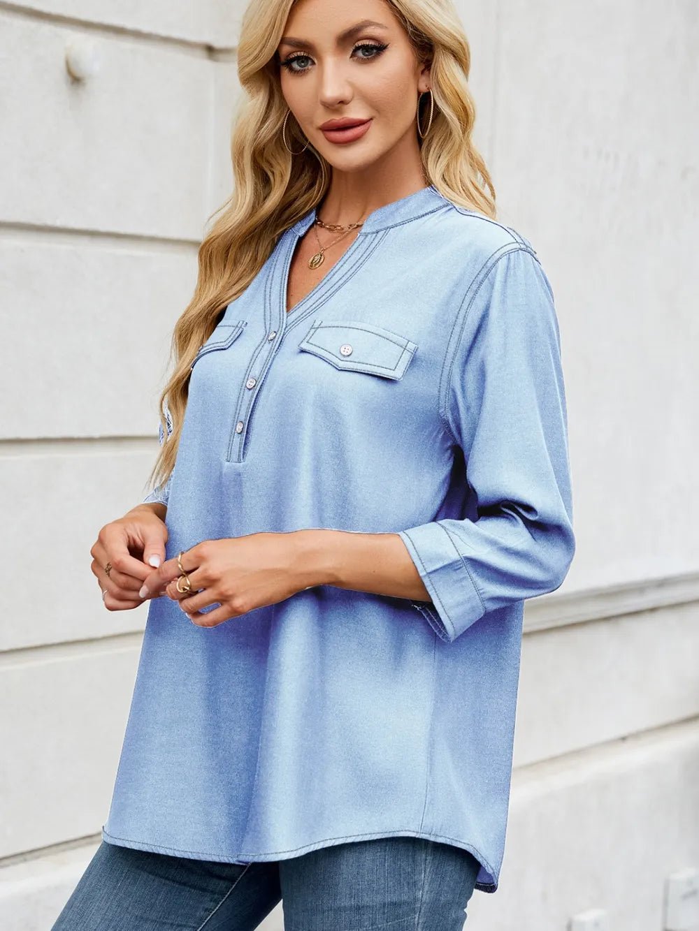 Notched Three-Quarter Sleeve Denim Top - ShopNQlik