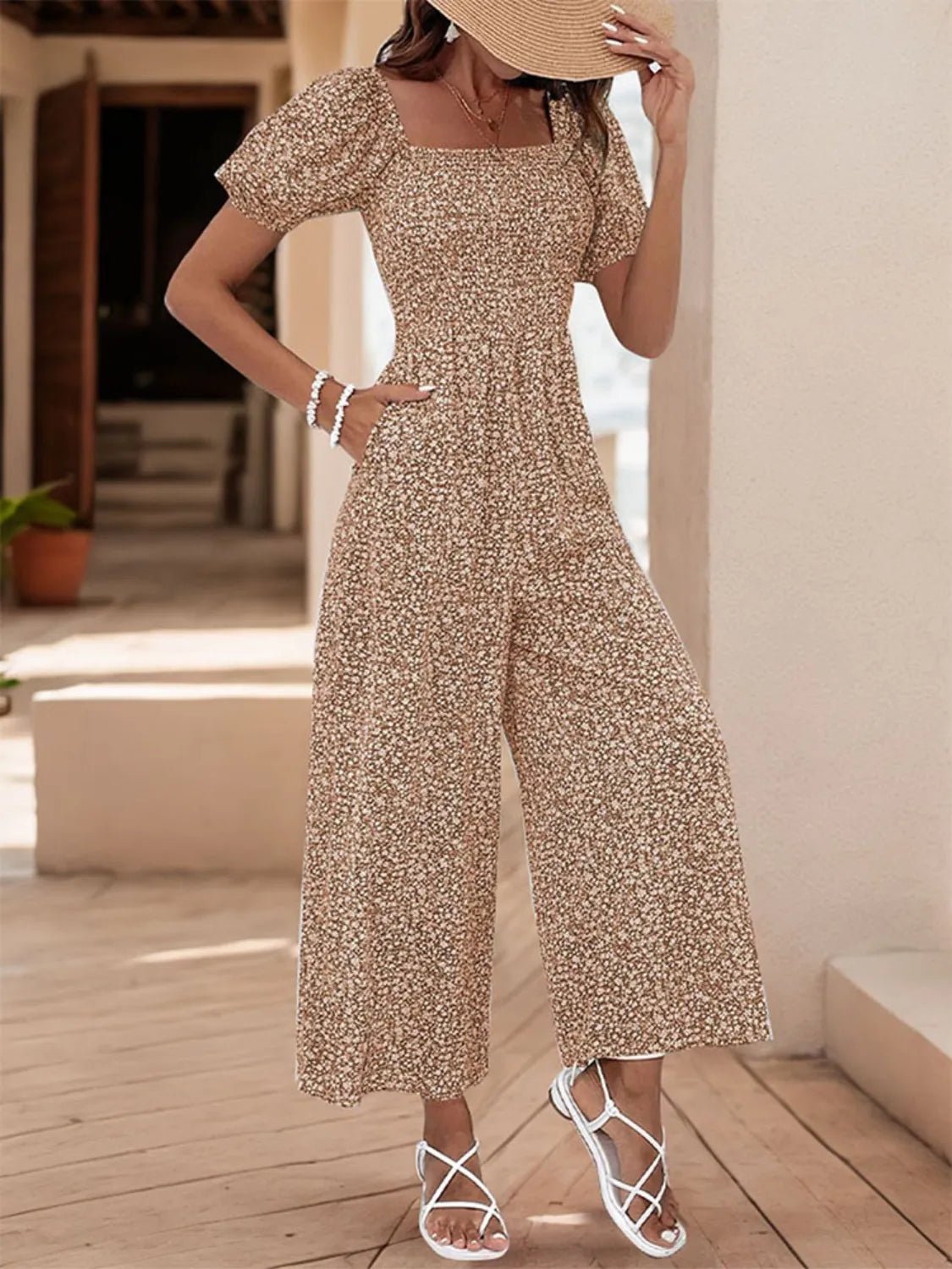 Printed Square Neck Puff Sleeve Jumpsuit - ShopNQlik