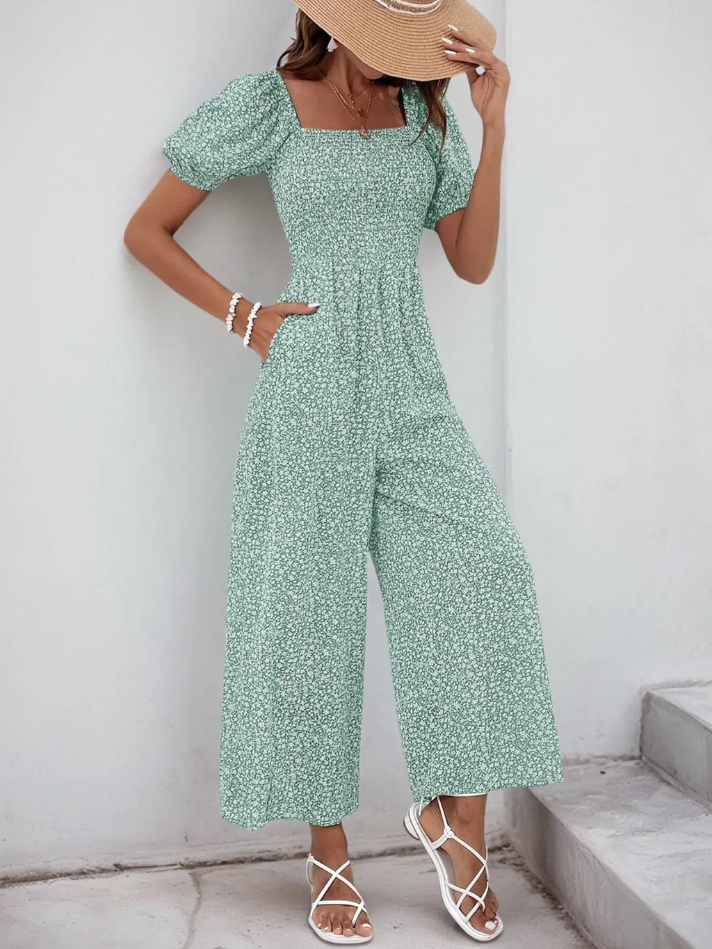 Printed Square Neck Puff Sleeve Jumpsuit - ShopNQlik