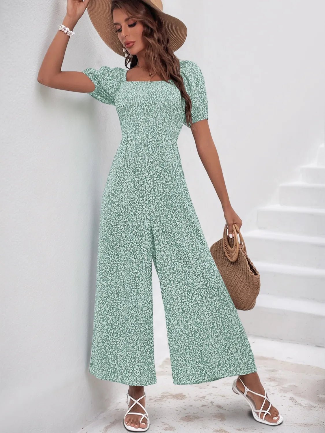 Printed Square Neck Puff Sleeve Jumpsuit - ShopNQlik