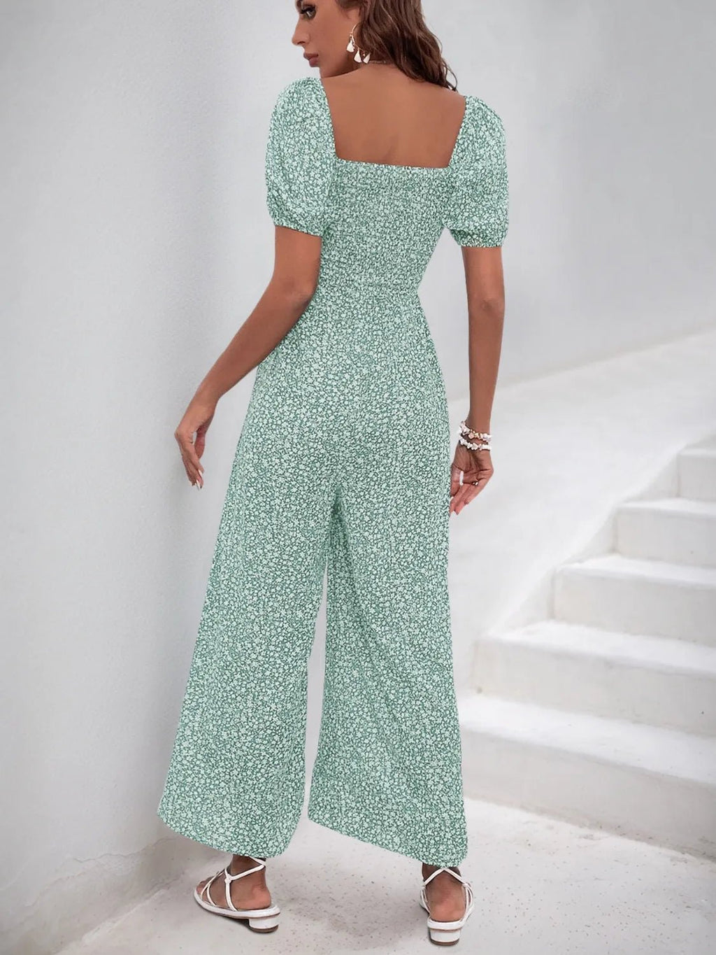 Printed Square Neck Puff Sleeve Jumpsuit - ShopNQlik