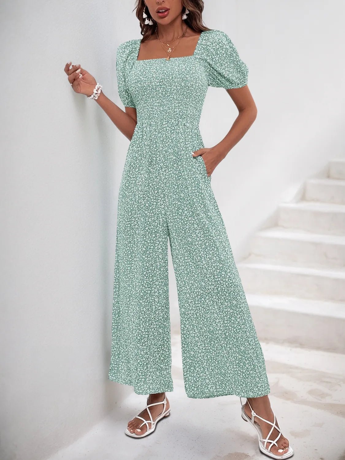Printed Square Neck Puff Sleeve Jumpsuit - ShopNQlik