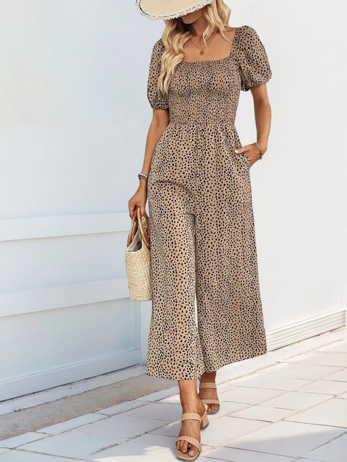 Printed Square Neck Puff Sleeve Jumpsuit - ShopNQlik