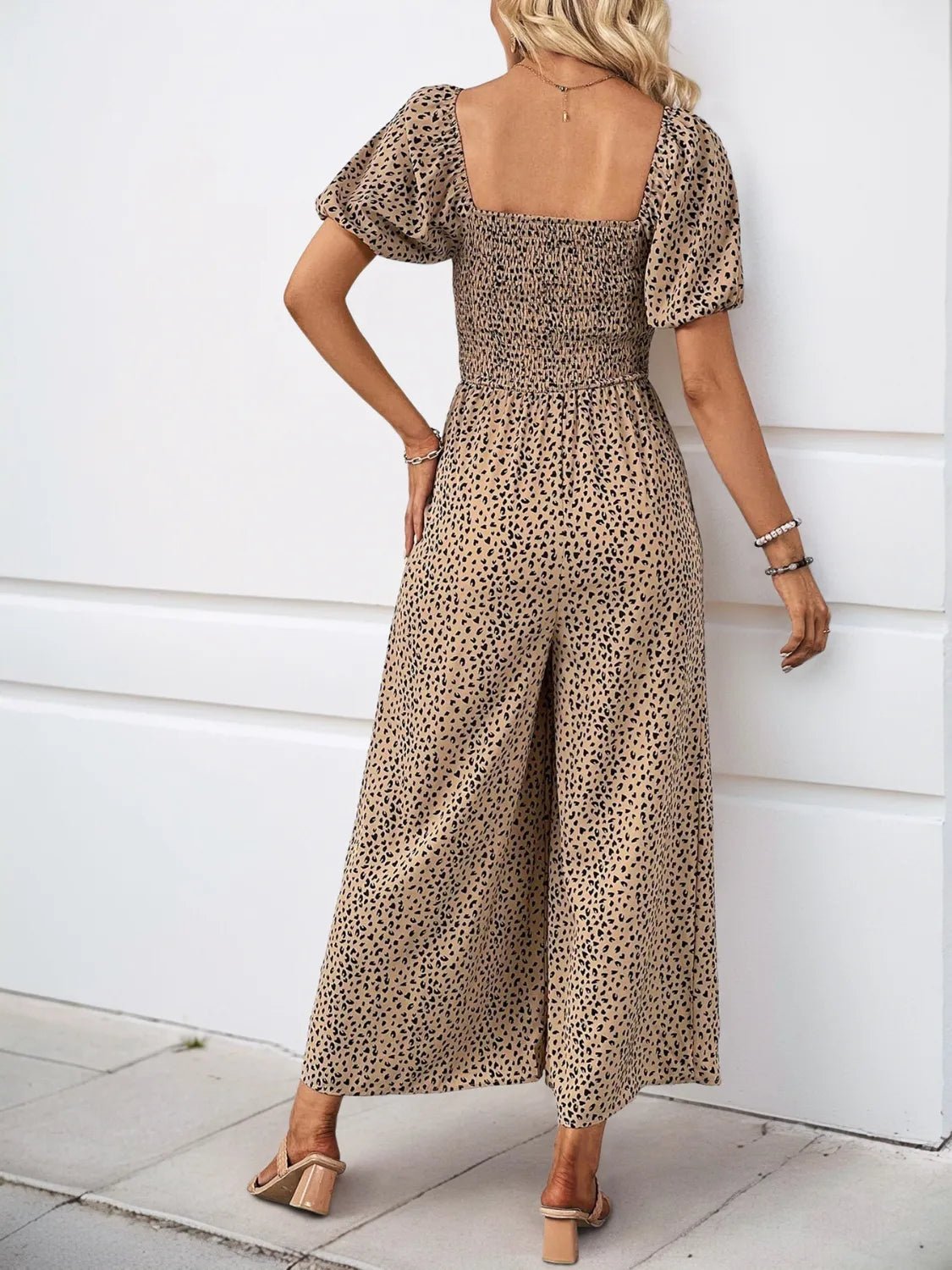 Printed Square Neck Puff Sleeve Jumpsuit - ShopNQlik