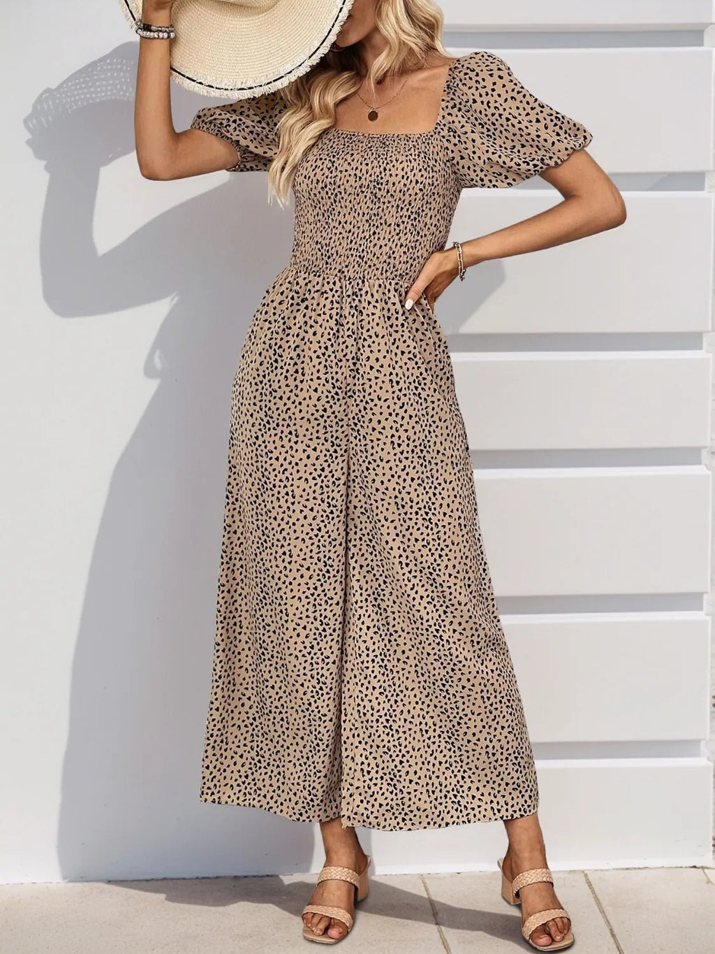 Printed Square Neck Puff Sleeve Jumpsuit - ShopNQlik