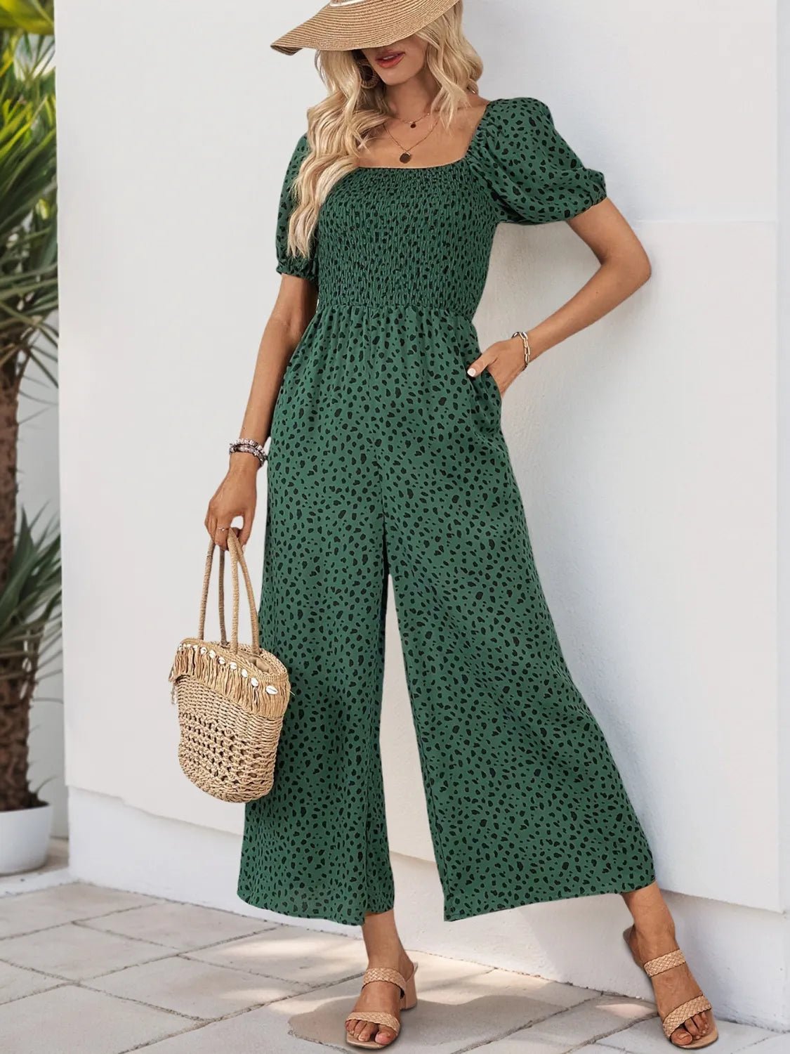 Printed Square Neck Puff Sleeve Jumpsuit - ShopNQlik