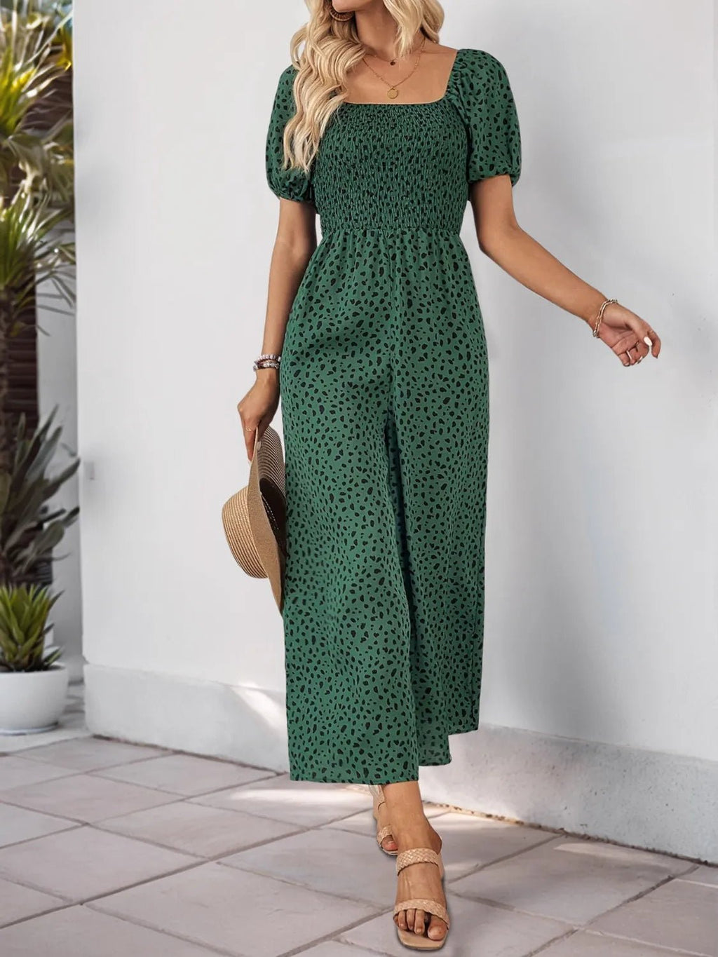 Printed Square Neck Puff Sleeve Jumpsuit - ShopNQlik