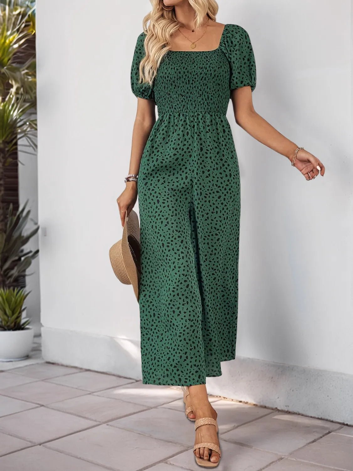 Printed Square Neck Puff Sleeve Jumpsuit - ShopNQlik