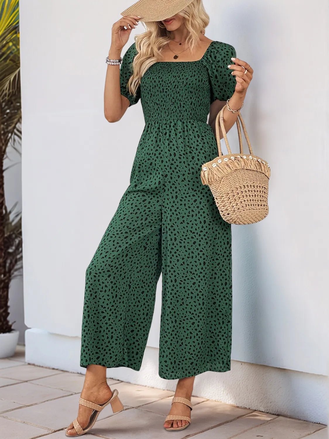 Printed Square Neck Puff Sleeve Jumpsuit - ShopNQlik