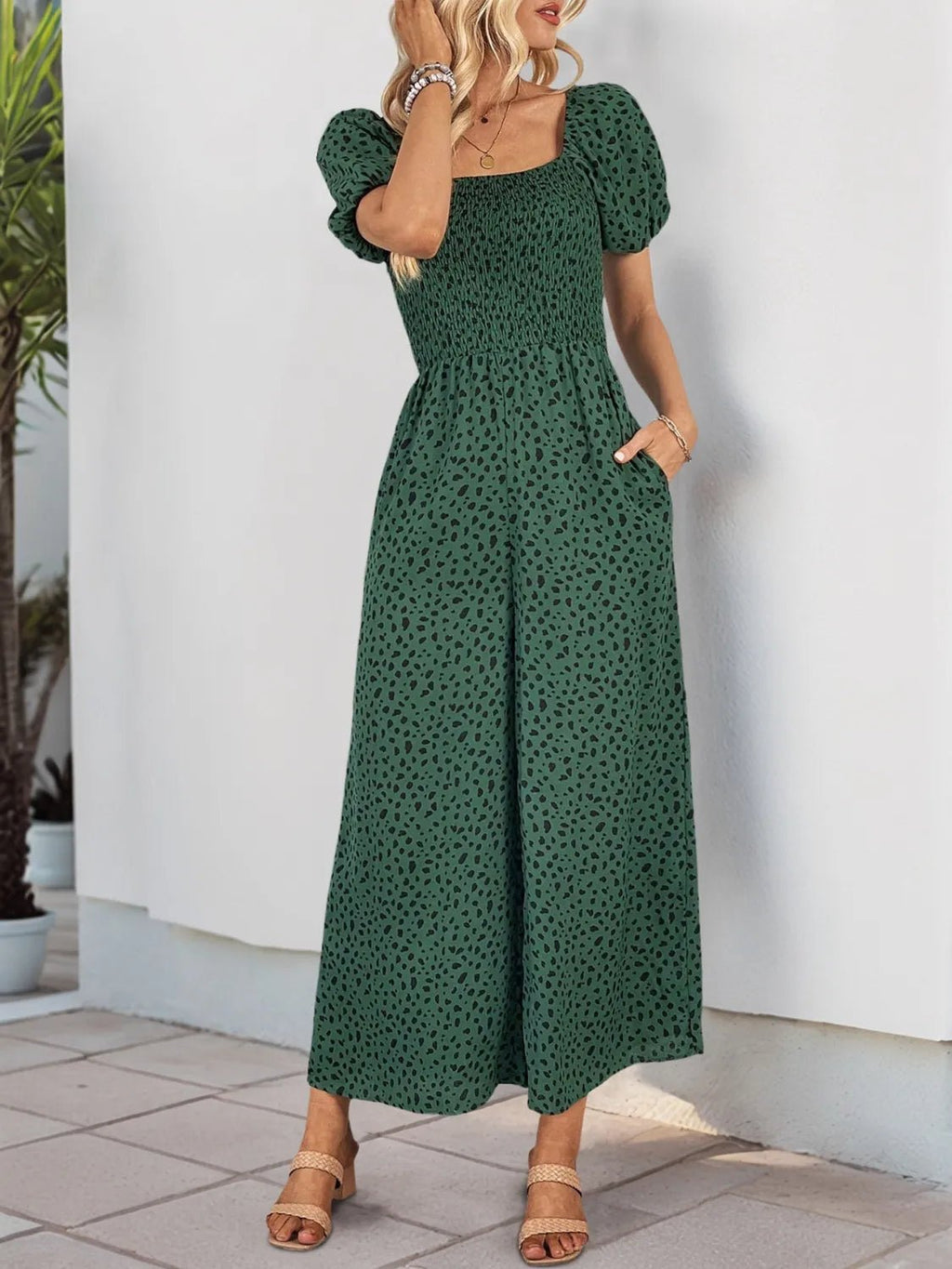 Printed Square Neck Puff Sleeve Jumpsuit - ShopNQlik