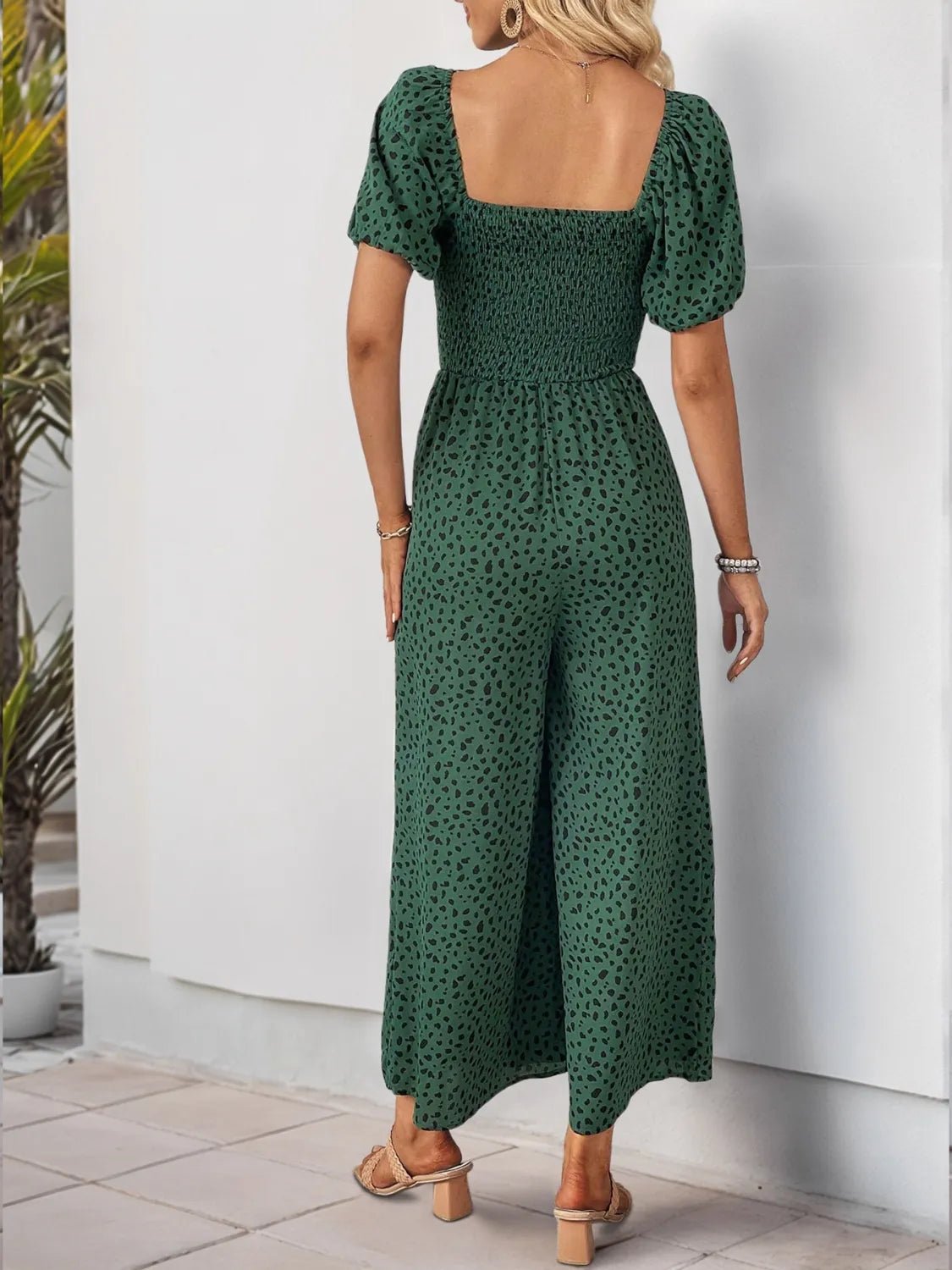 Printed Square Neck Puff Sleeve Jumpsuit - ShopNQlik