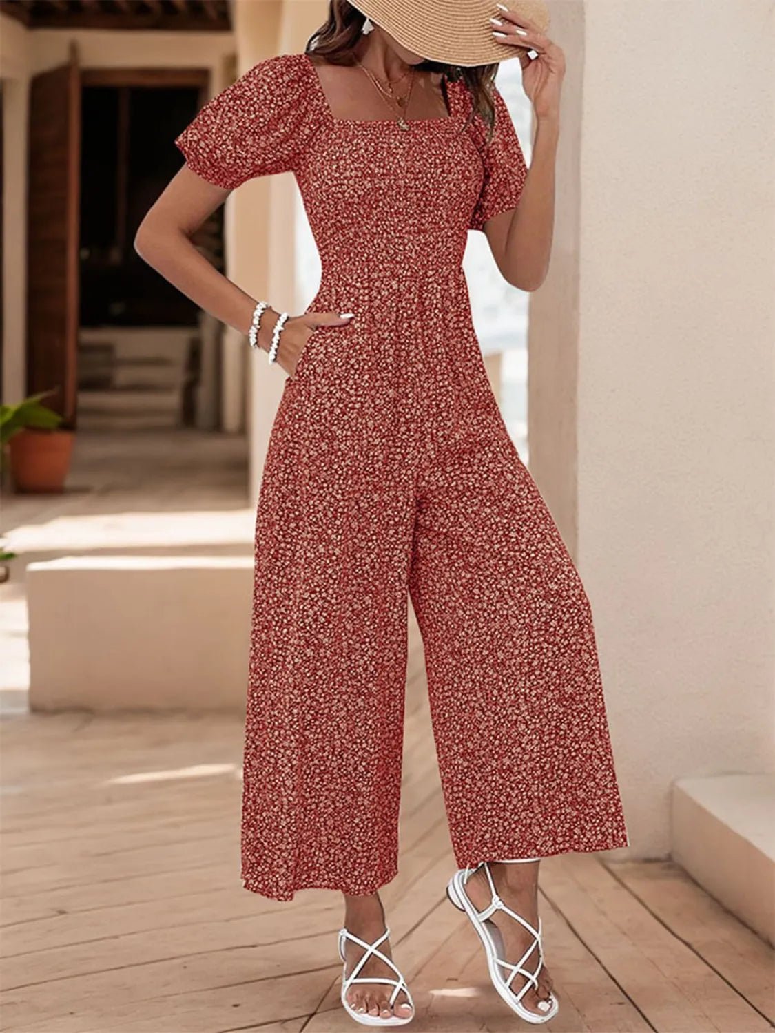 Printed Square Neck Puff Sleeve Jumpsuit - ShopNQlik