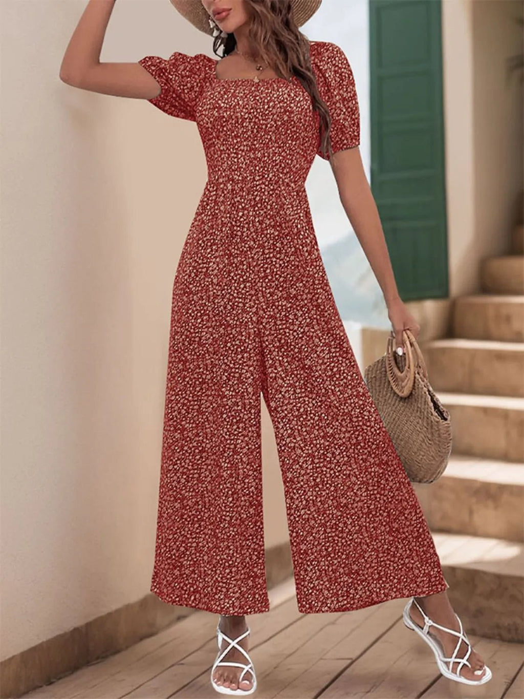 Printed Square Neck Puff Sleeve Jumpsuit - ShopNQlik