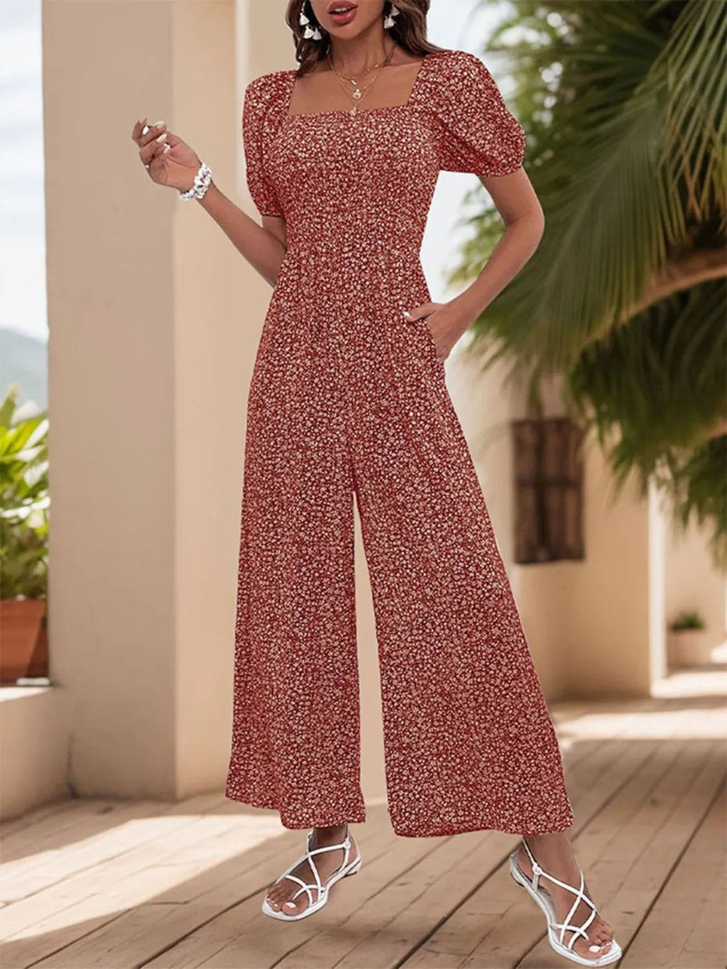 Printed Square Neck Puff Sleeve Jumpsuit - ShopNQlik