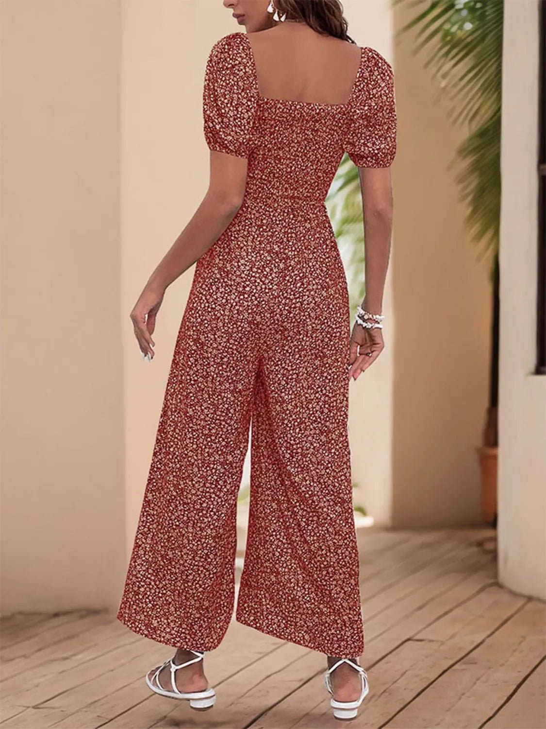 Printed Square Neck Puff Sleeve Jumpsuit - ShopNQlik