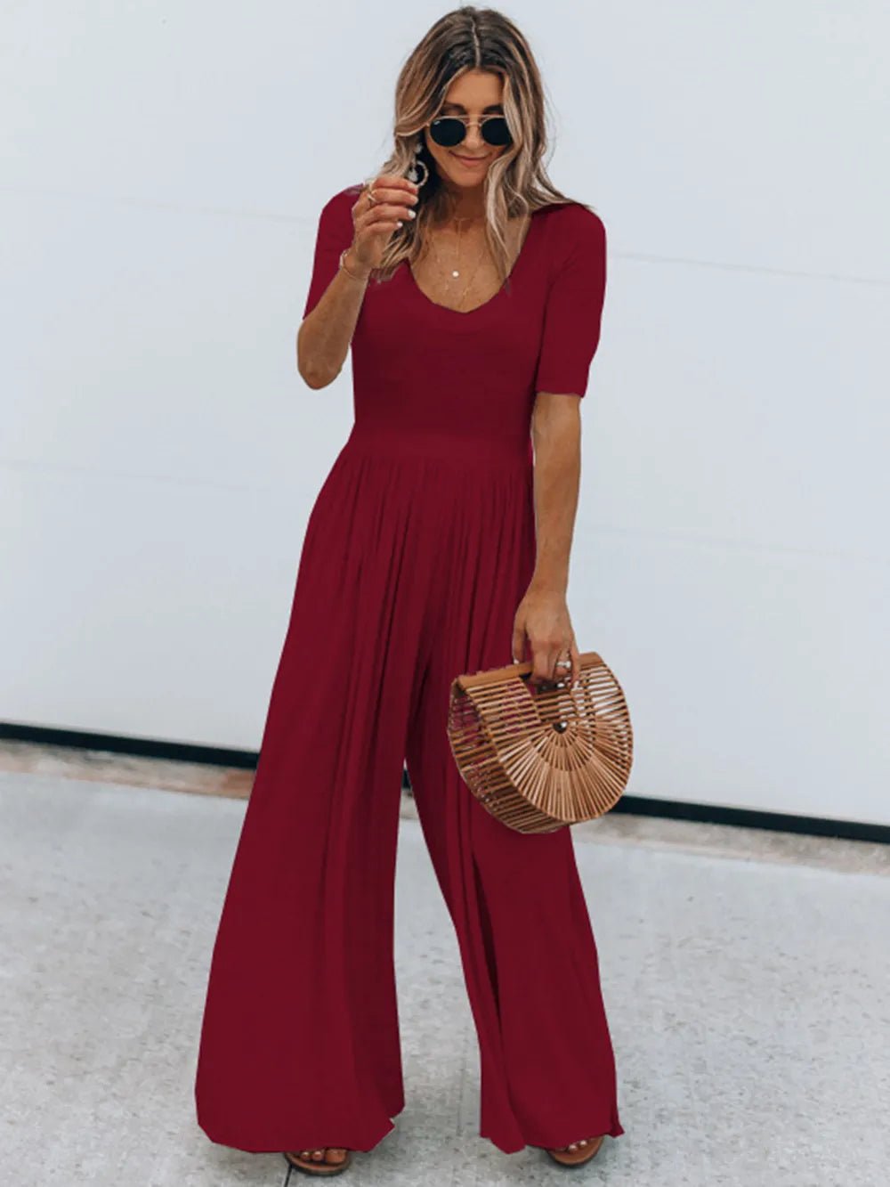 Scoop Neck Short Sleeve Jumpsuit - ShopNQlik
